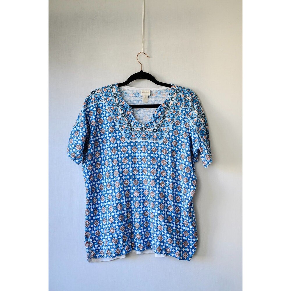 Chico's blue t-shirt Tee geometric V-neck short sleeve 2 L 12
